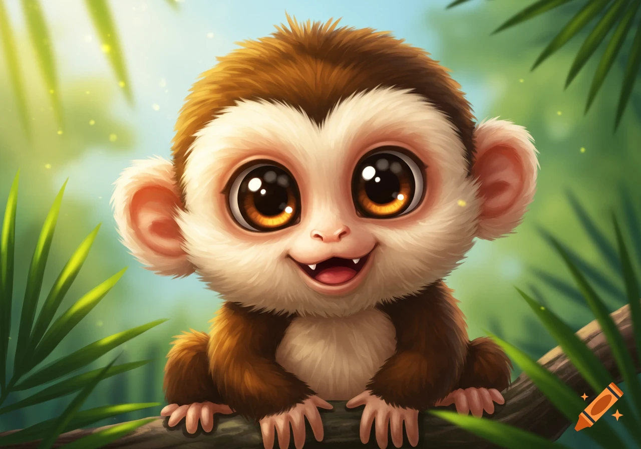 Cute cartoon monkey sitting on a tree branch in a jungle.