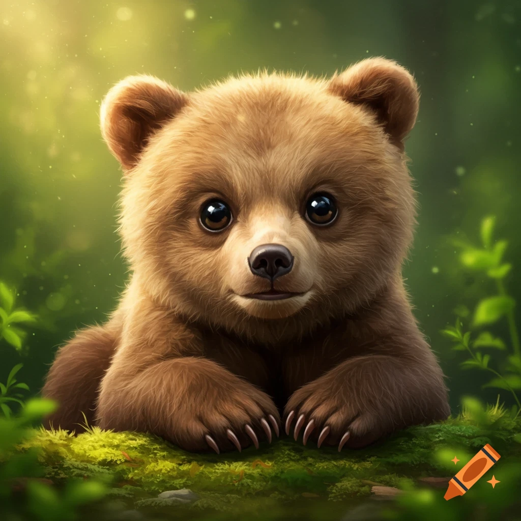 A cute brown bear cub with big eyes lies in a forest.
