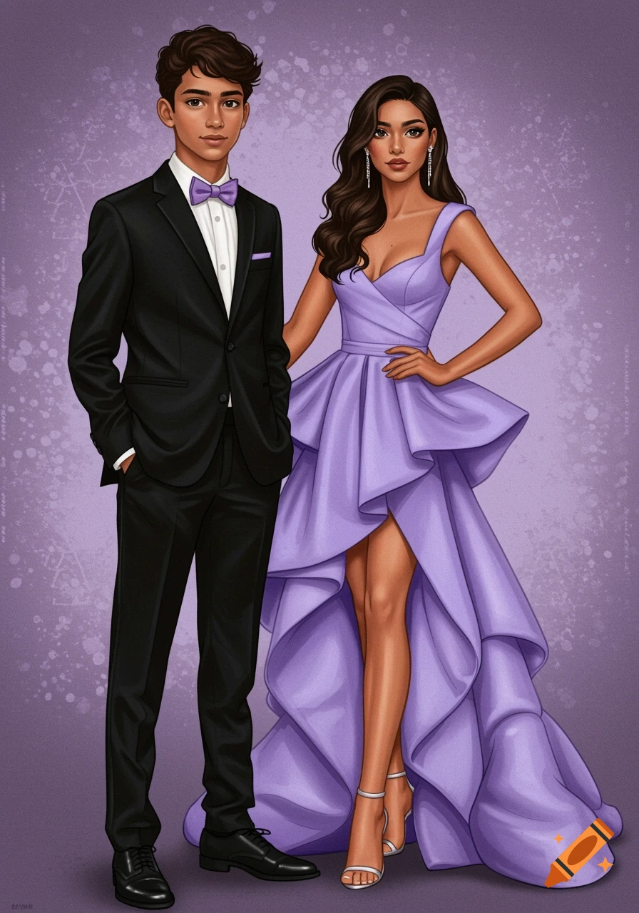 Illustration of a young man in a black tuxedo and a young woman in a purple formal dress against a purple background.