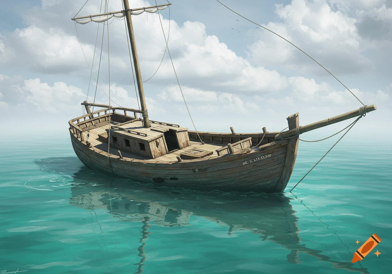 A weathered wooden boat floats on calm turquoise water under a cloudy sky.