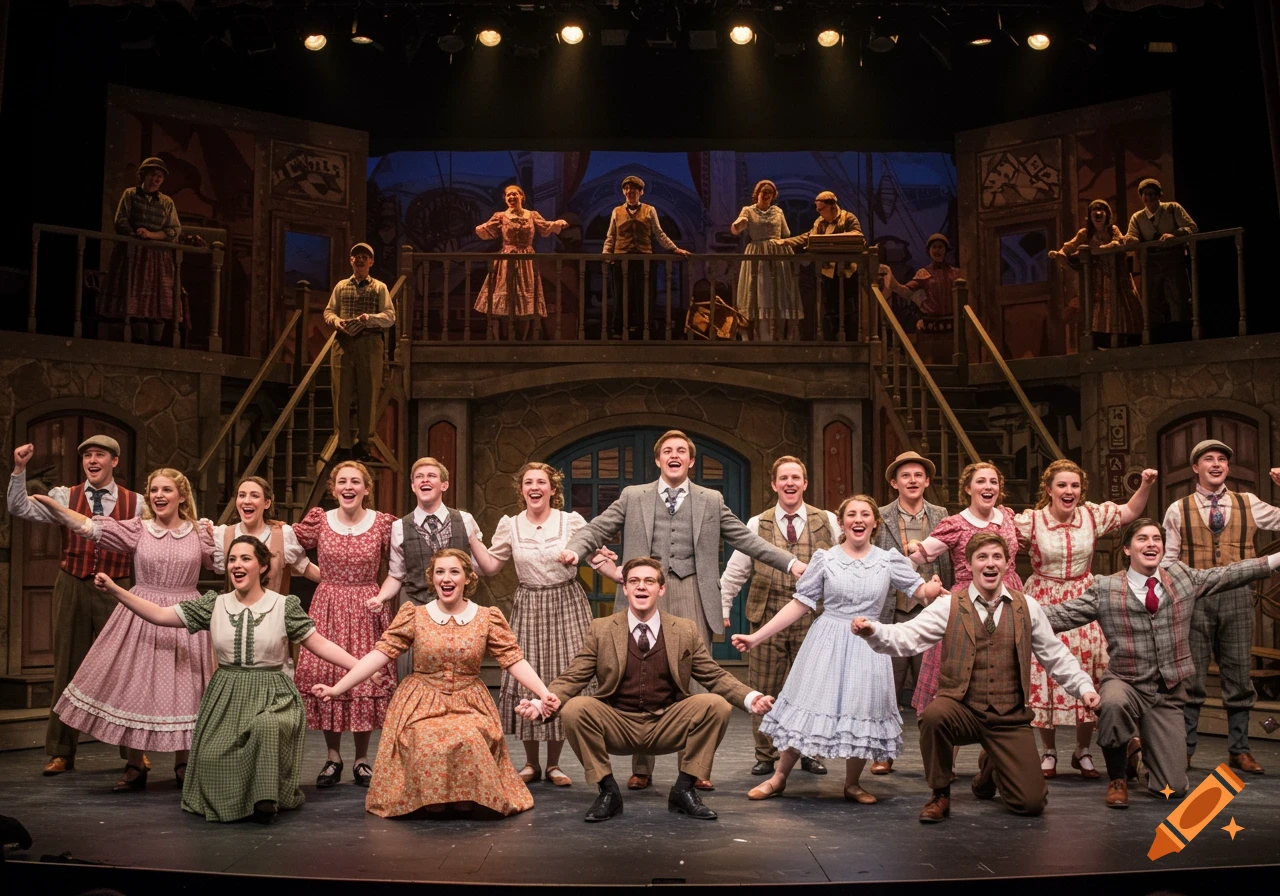 A large cast performs on stage during a musical production.