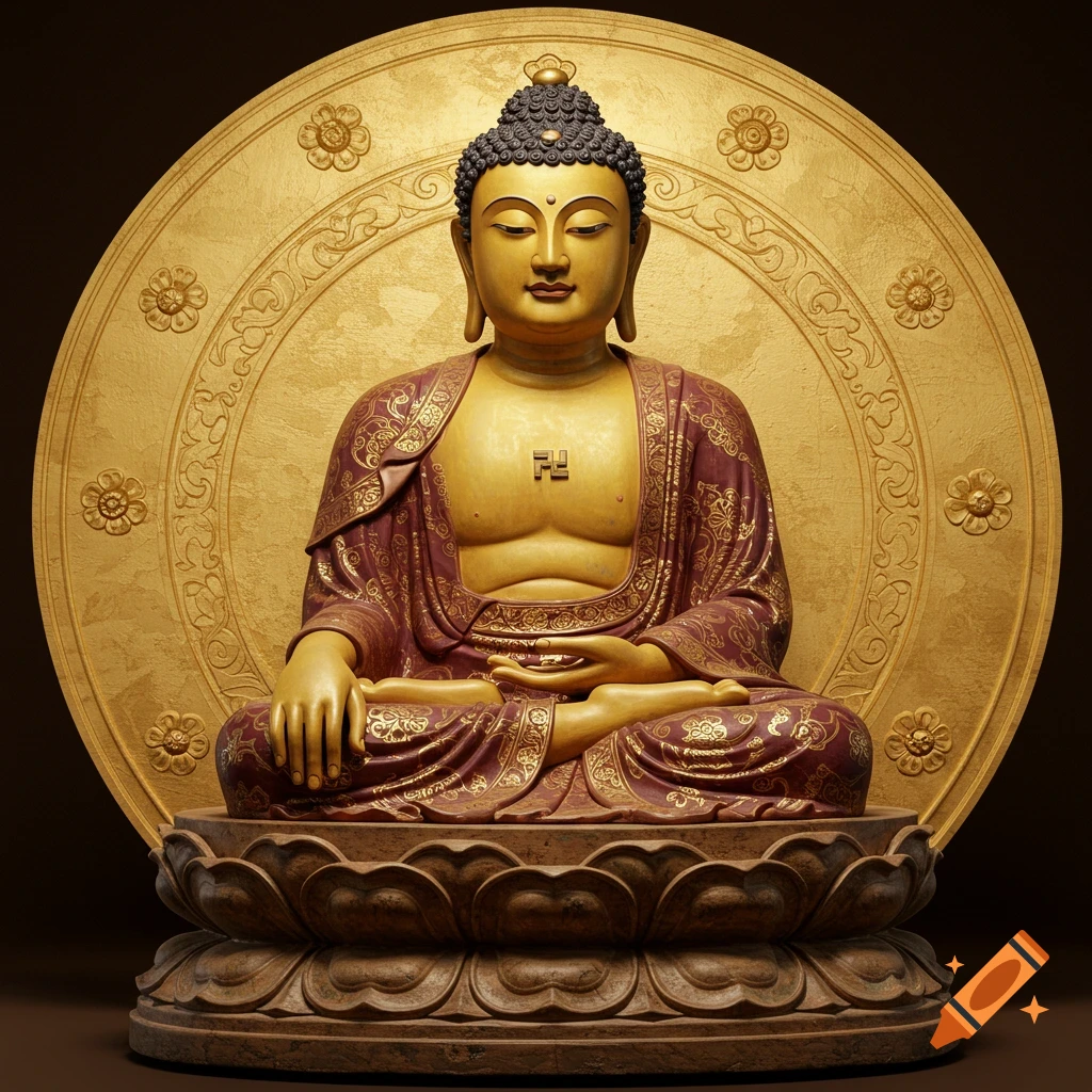 A detailed sculpture of Buddha meditating, in gold and deep red robes, against a golden circular backdrop.