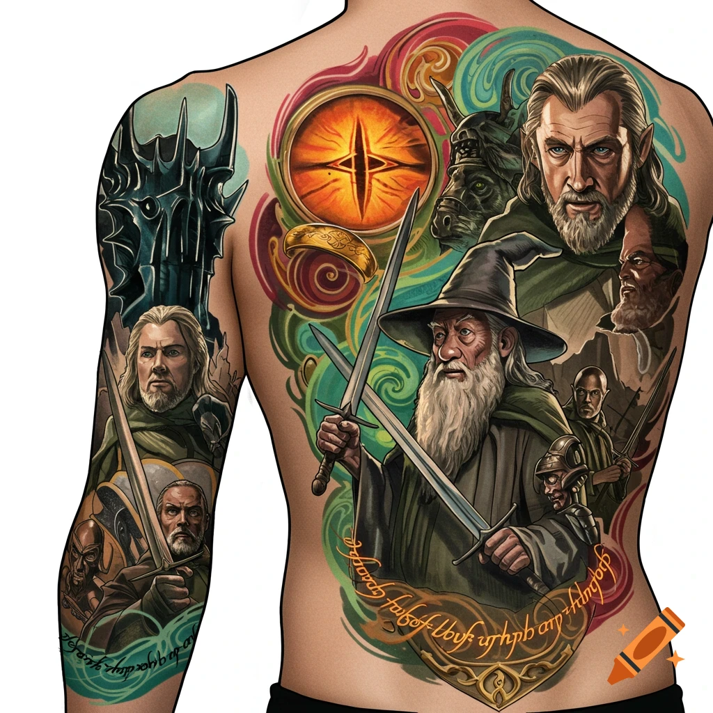 Lord of the Rings tattoo design on a person's back featuring Gandalf, Eye of Sauron, and characters.