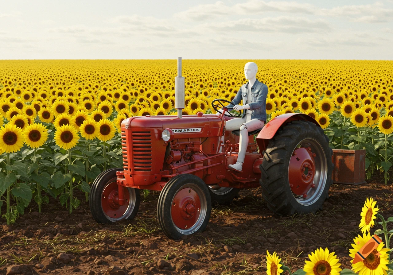 A white mannequin drives a red tractor through a field of sunflowers.
