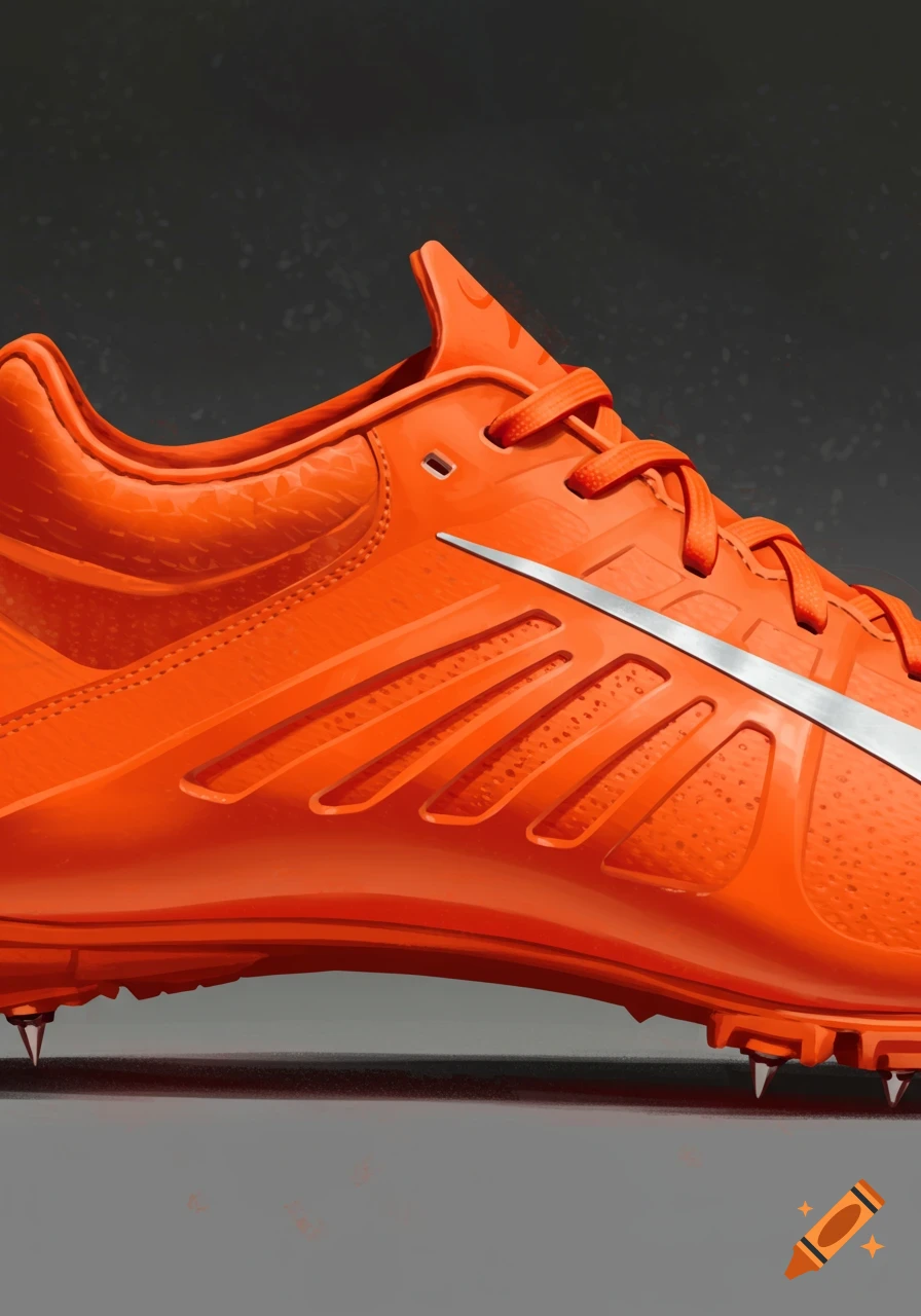 Close-up of an orange track spike shoe facing left.