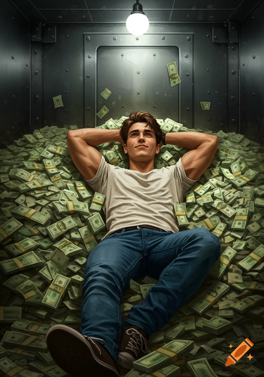 A man relaxing on a massive pile of money inside a vault.