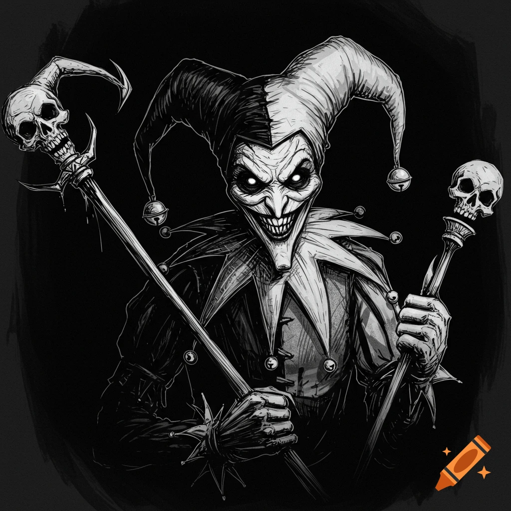 Black and white sketch of a creepy jester holding skull staffs