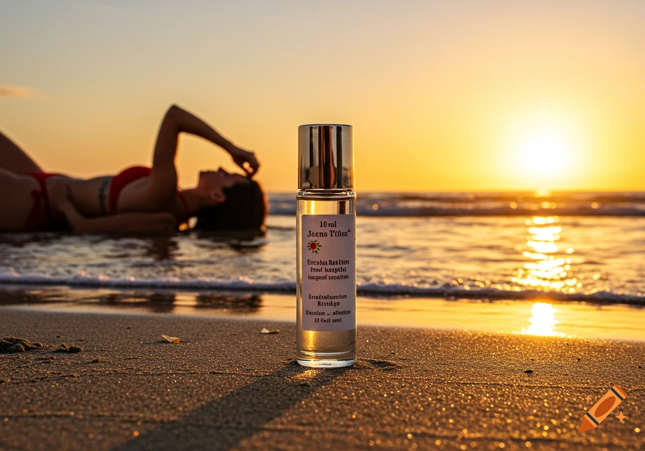 Photorealistic image of a perfume bottle on a beach at sunset with a woman in the background.