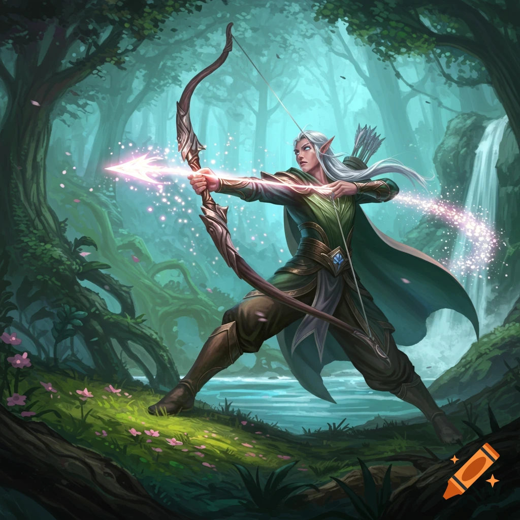 Elf archer shoots a glowing arrow in a magical forest.
