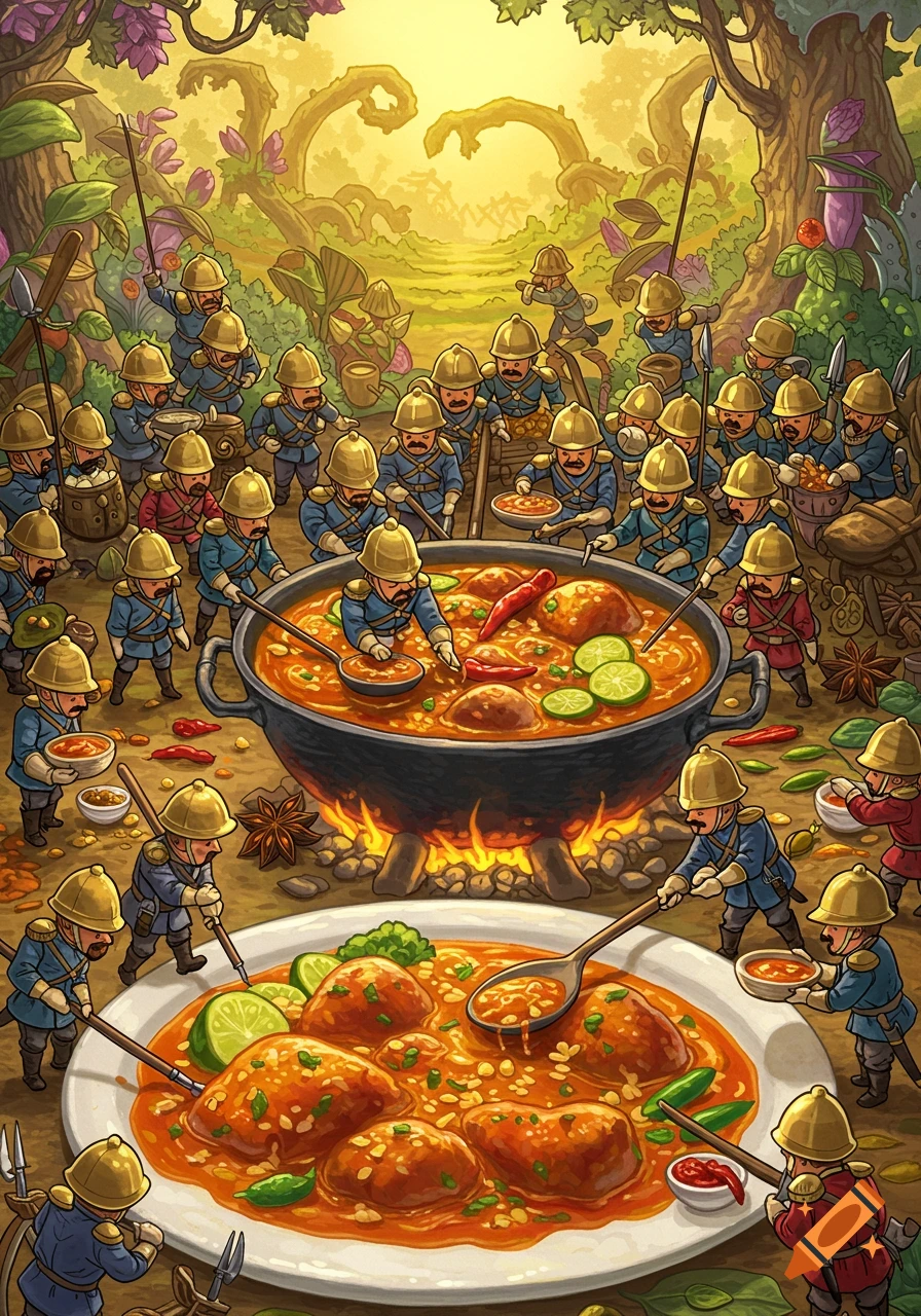 Tiny soldiers cook a giant pot of curry in a fantasy forest scene.