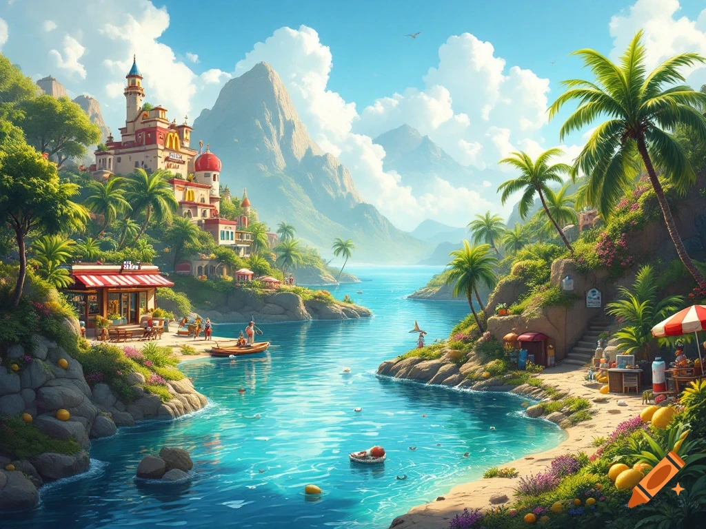 Vibrant tropical bay with a village on a hillside, turquoise water, boats, palm trees, and mountains.