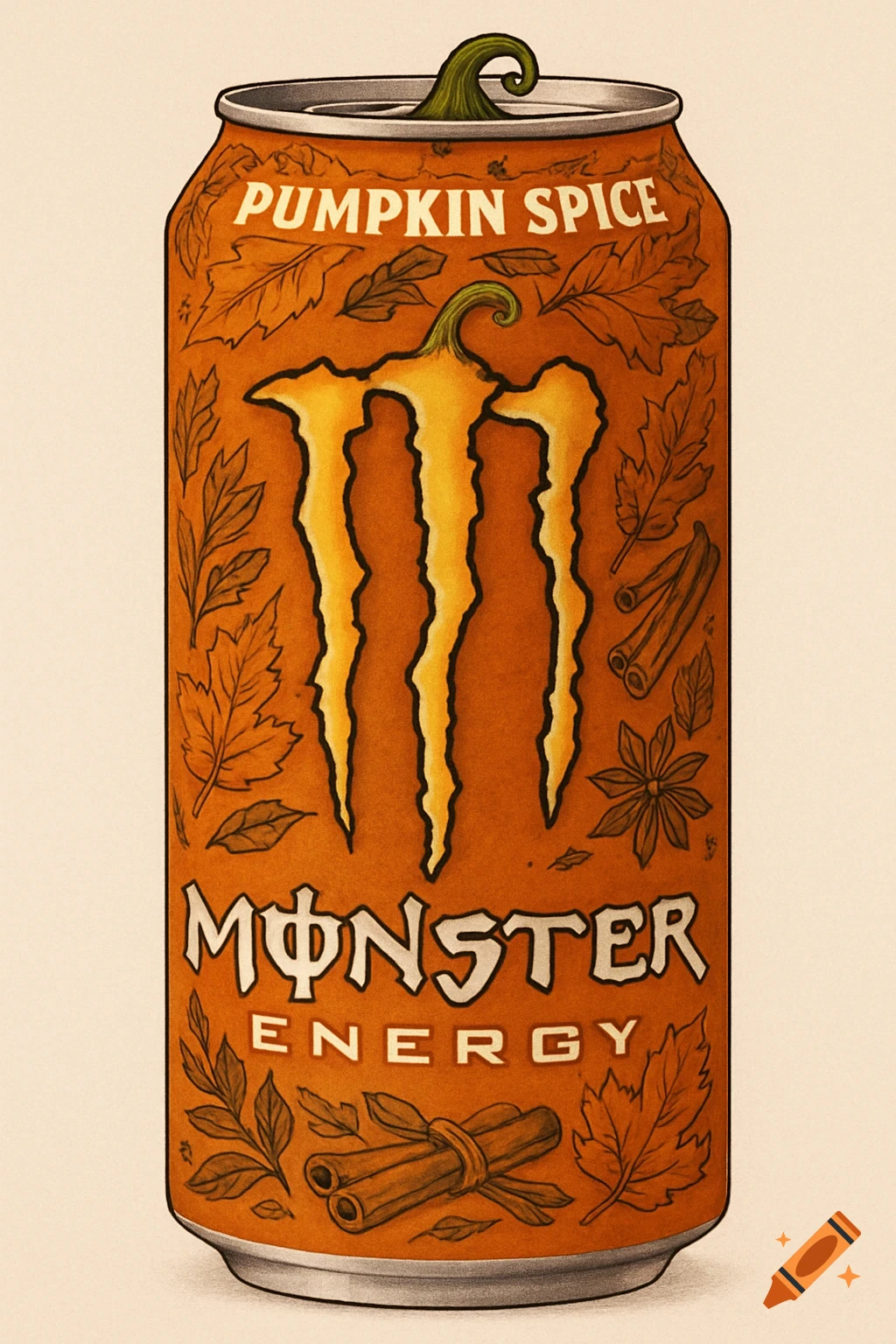 An orange Monster Energy can labeled Pumpkin Spice, decorated with fall leaves, cinnamon, and star anise. A pumpkin stem replaces the pull tab. Illustration.