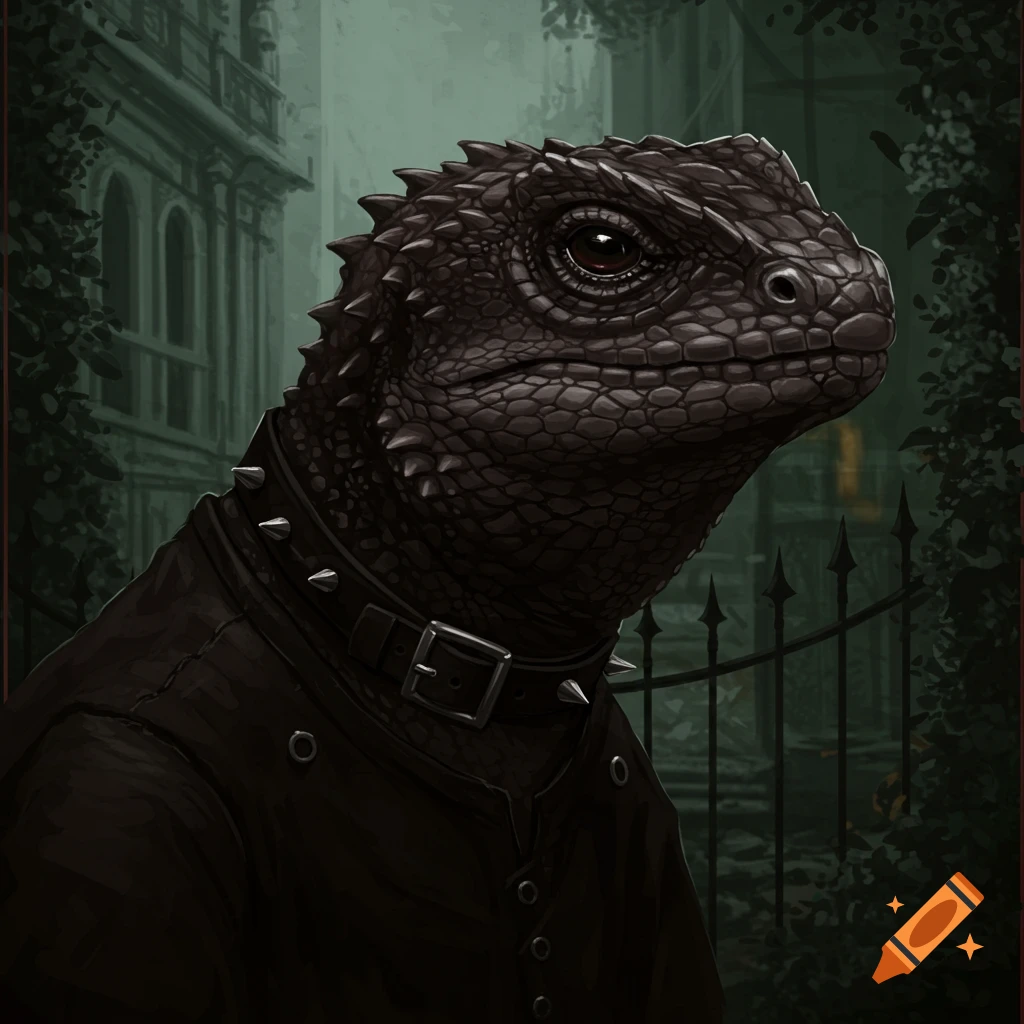 Close-up portrait of a scaly lizard wearing a black studded collar and jacket in a dark gothic garden.