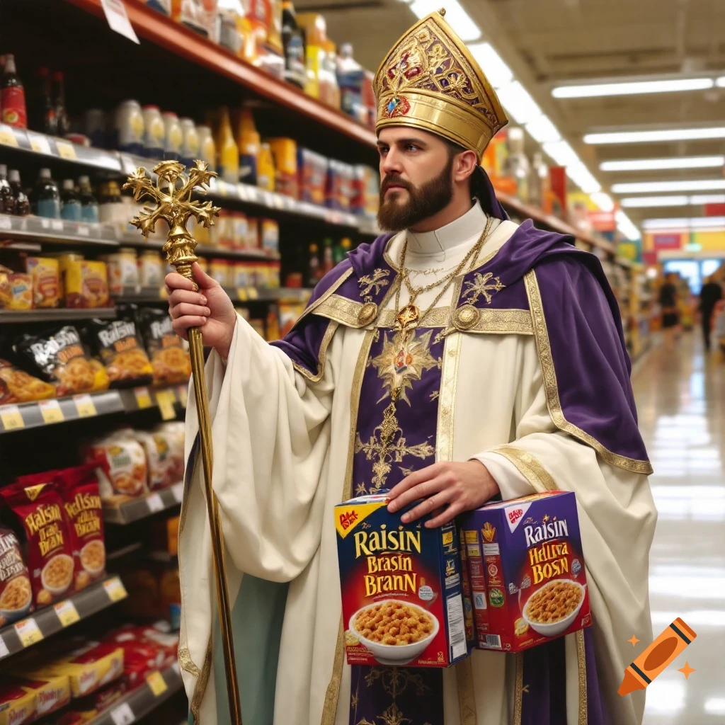 A person dressed as a bishop holds boxes of cereal in a grocery store aisle.