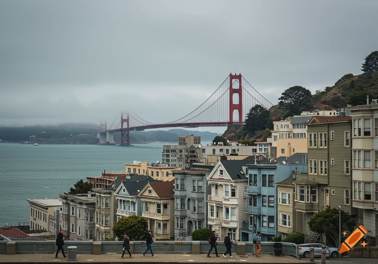 View of San Francisco with the Golden Gate Bridge behind buildings and people walking on a sidewalk.