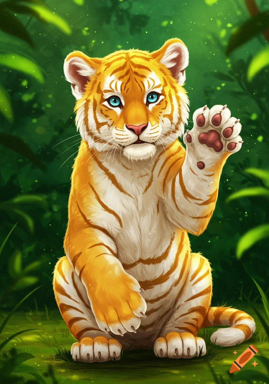 Cute gold and white tiger cub waving a paw in a jungle illustration.