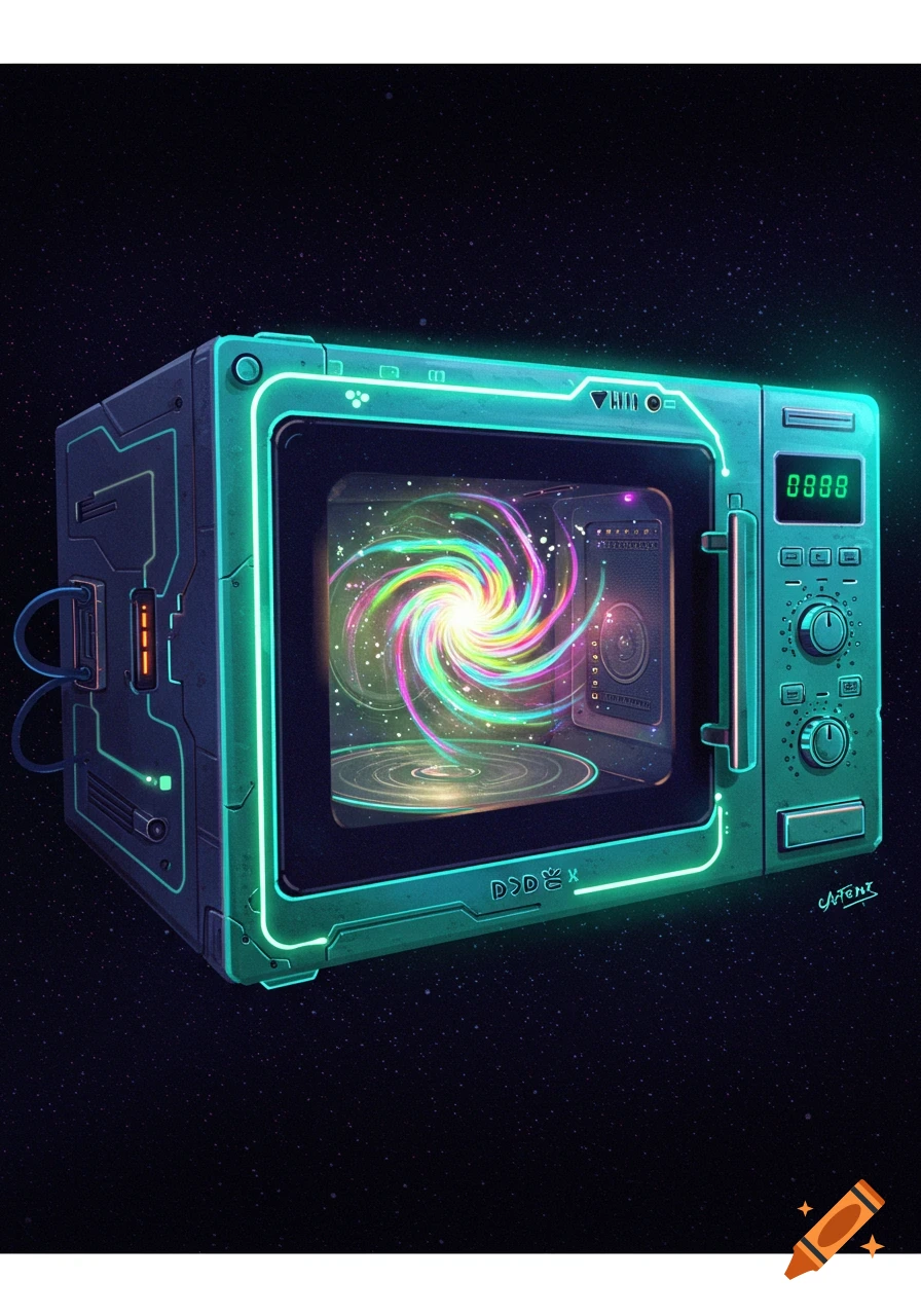 A futuristic microwave with a rainbow galaxy inside floats in space.