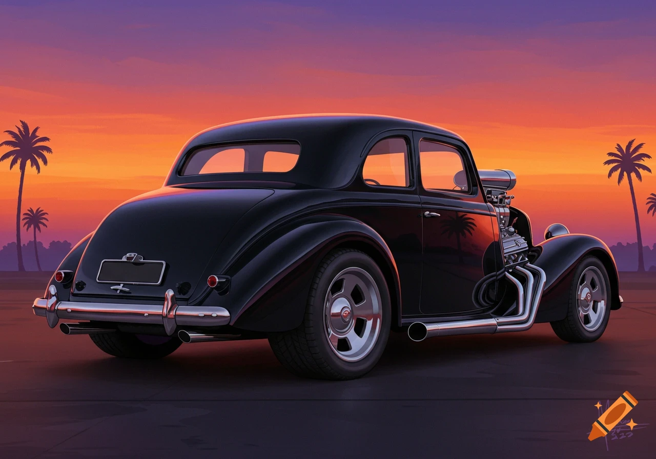 Black hot rod car parked at sunset with palm trees. Digital painting.
