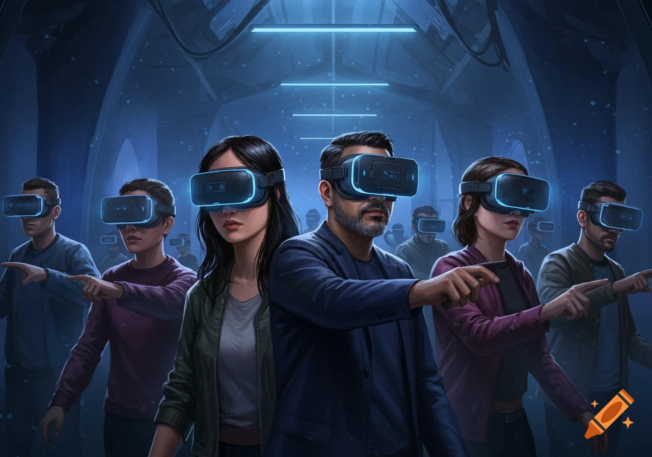 People wearing VR headsets stand and point in a dark room.