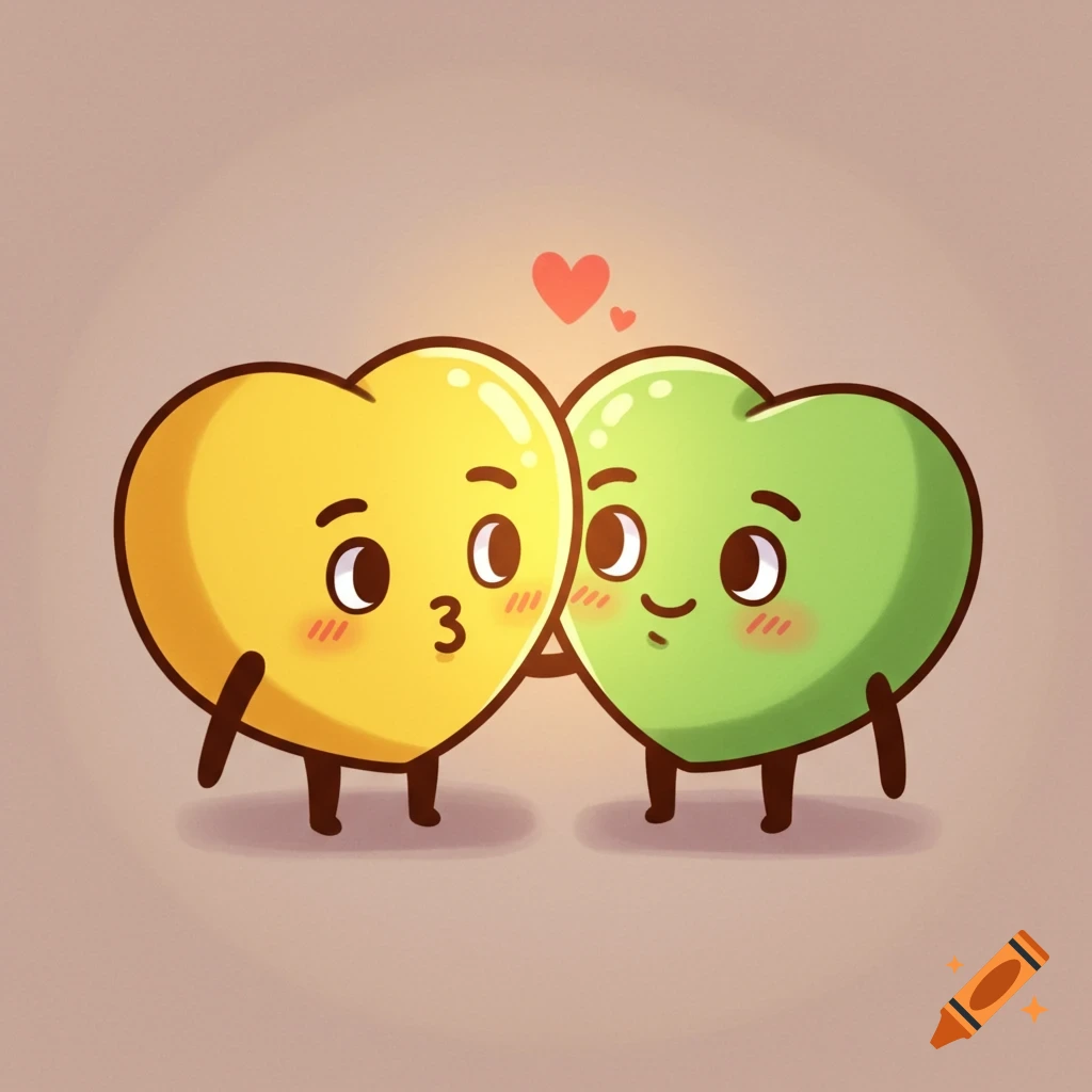 Two cute cartoon hearts, one yellow and one green, cuddling with small red hearts above.
