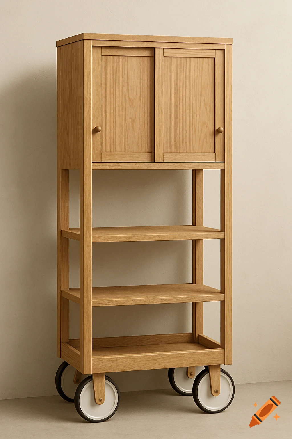 A wooden cabinet on wheels with sliding doors and shelves.