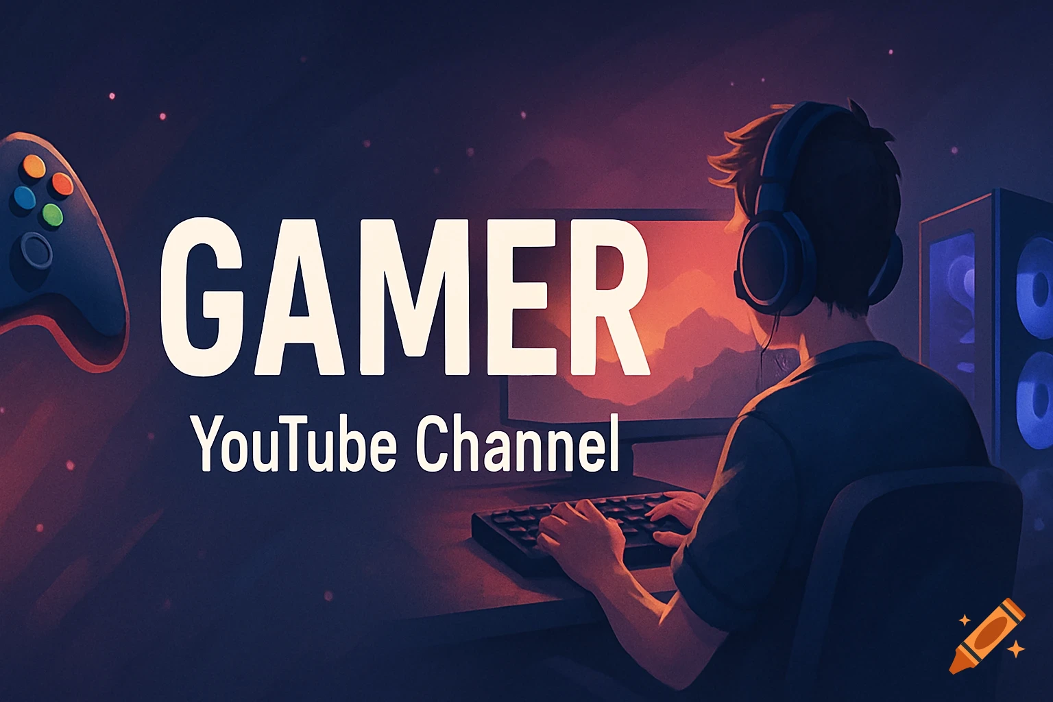 Illustration of a person playing video games at a computer with text 'GAMER YouTube Channel' and a controller.