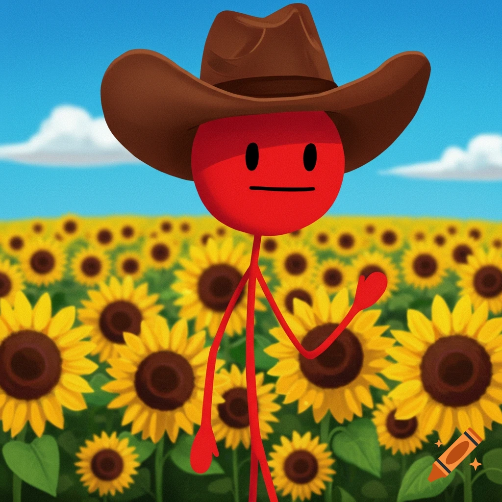 Red stick figure in cowboy hat waves in a sunflower field, cartoon style.