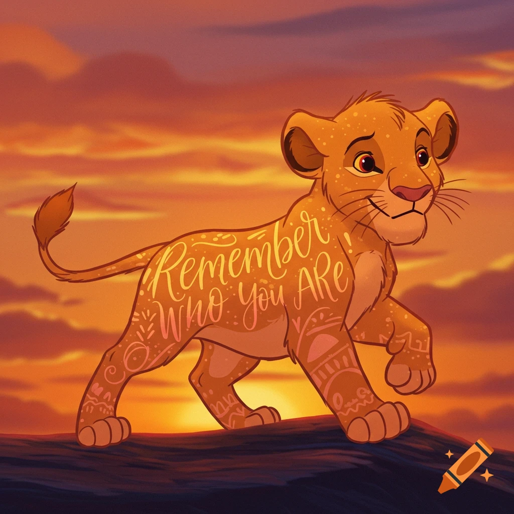 Cartoon lion cub (Simba) with Remember WHO YOU ARE text on its body against a sunset background