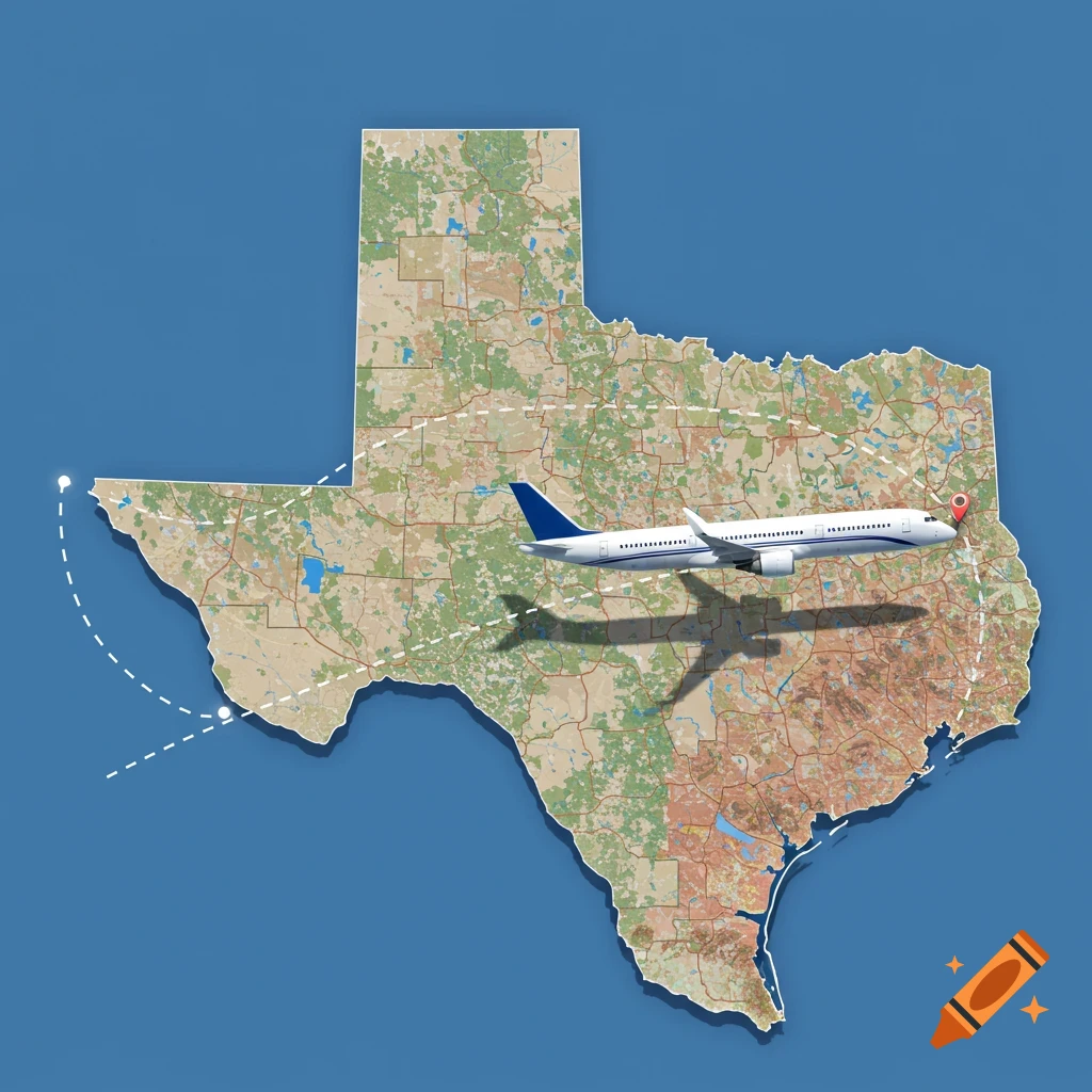 An airplane flies over a map of Texas