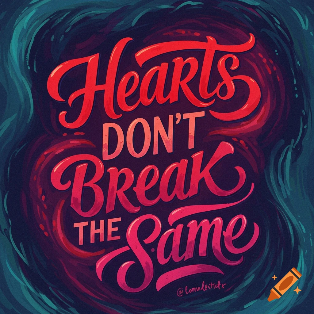 Stylized red and pink lettering on a dark background reads 'Hearts don't break the same'.