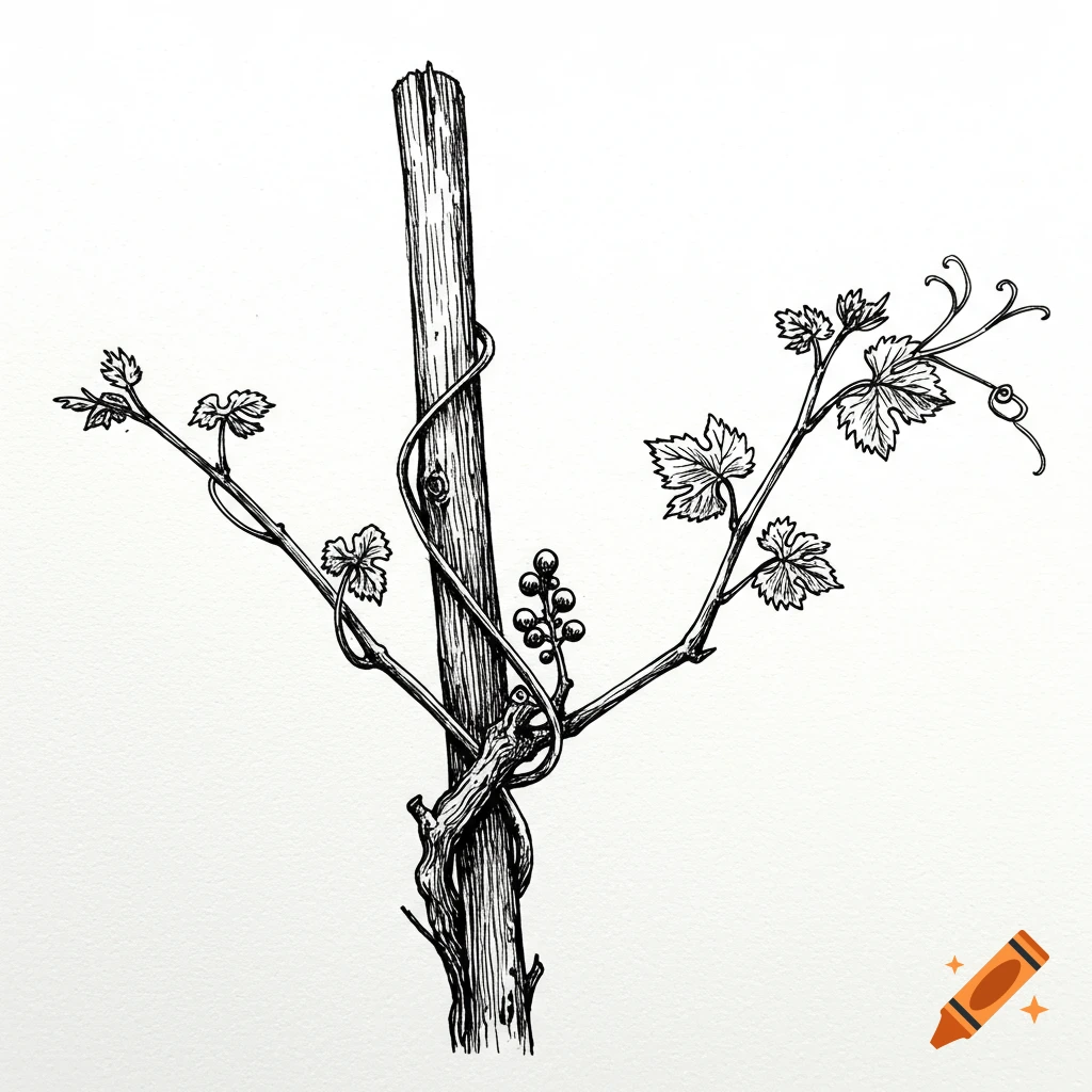 Black and white sketch of a young grape vine and stake.