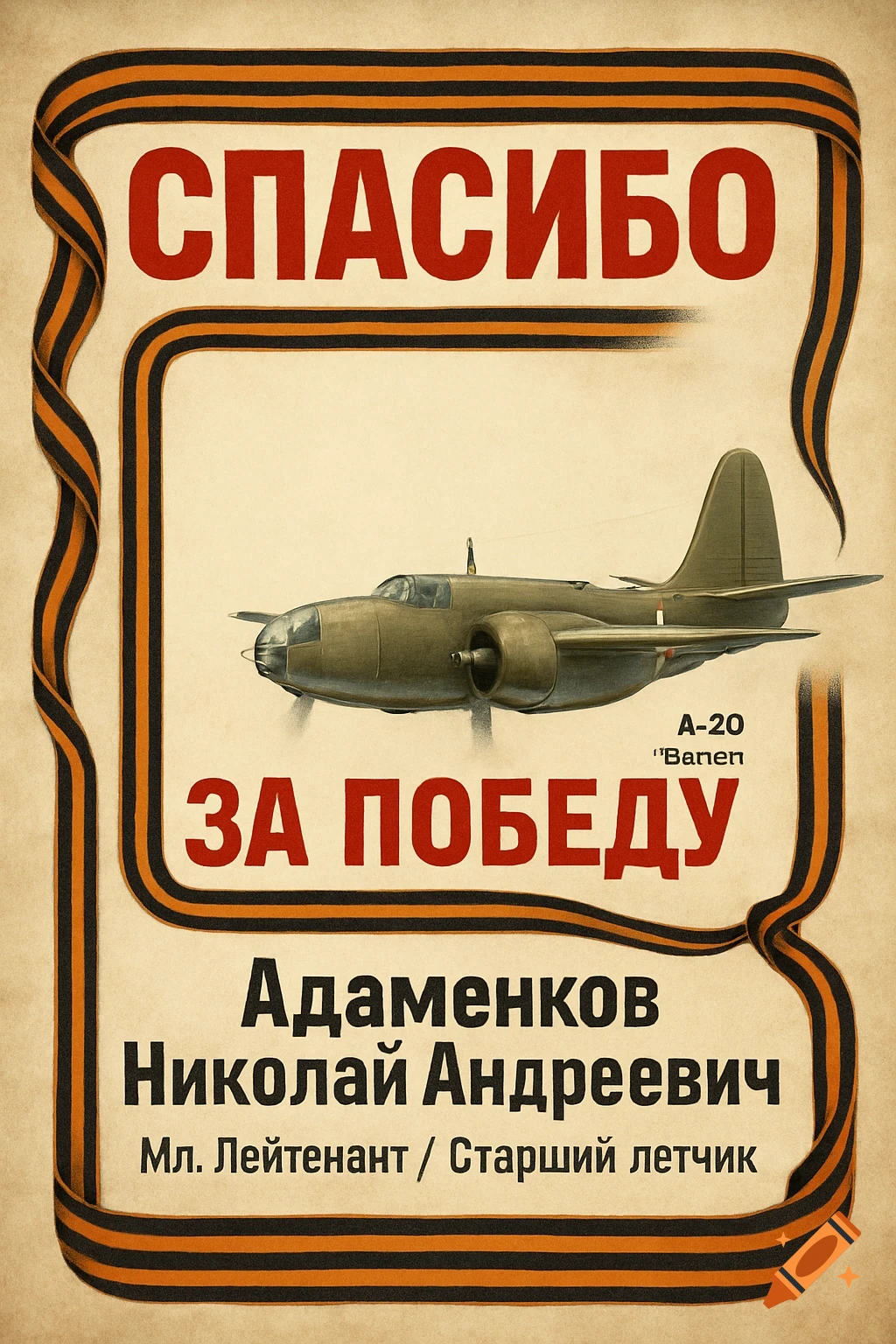 Vintage style poster with a WWII-era bomber plane and Russian text thanking for victory.