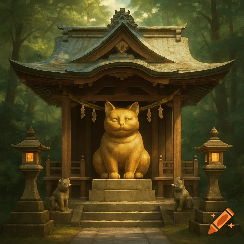 A large golden cat statue sits within a wooden shrine, flanked by smaller cat statues and lanterns in a forest.