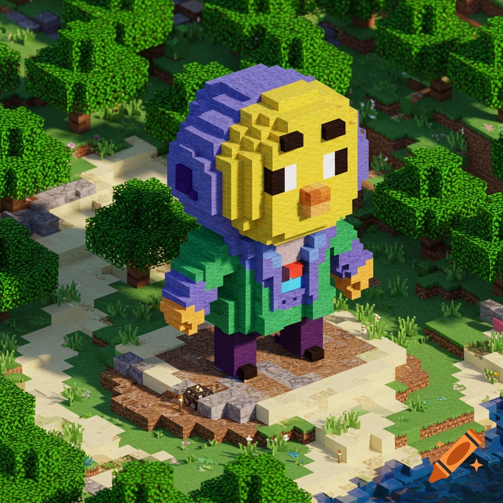 Blocky Squeak character statue in a Minecraft-like forest and beach environment.