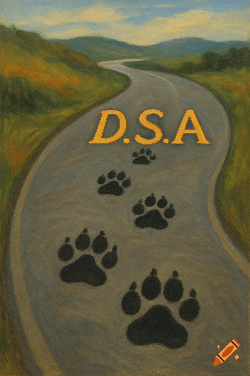 Painted winding road with paw prints and 'D.S.A.'
