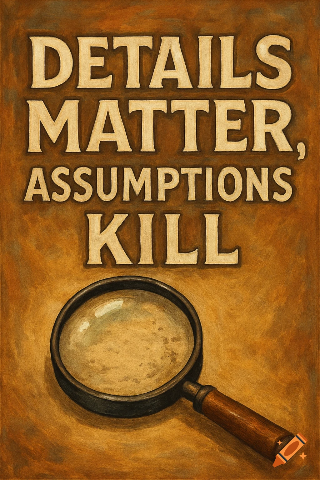 Text reads 'Details Matter, Assumptions Kill' on a textured brown background with a magnifying glass.