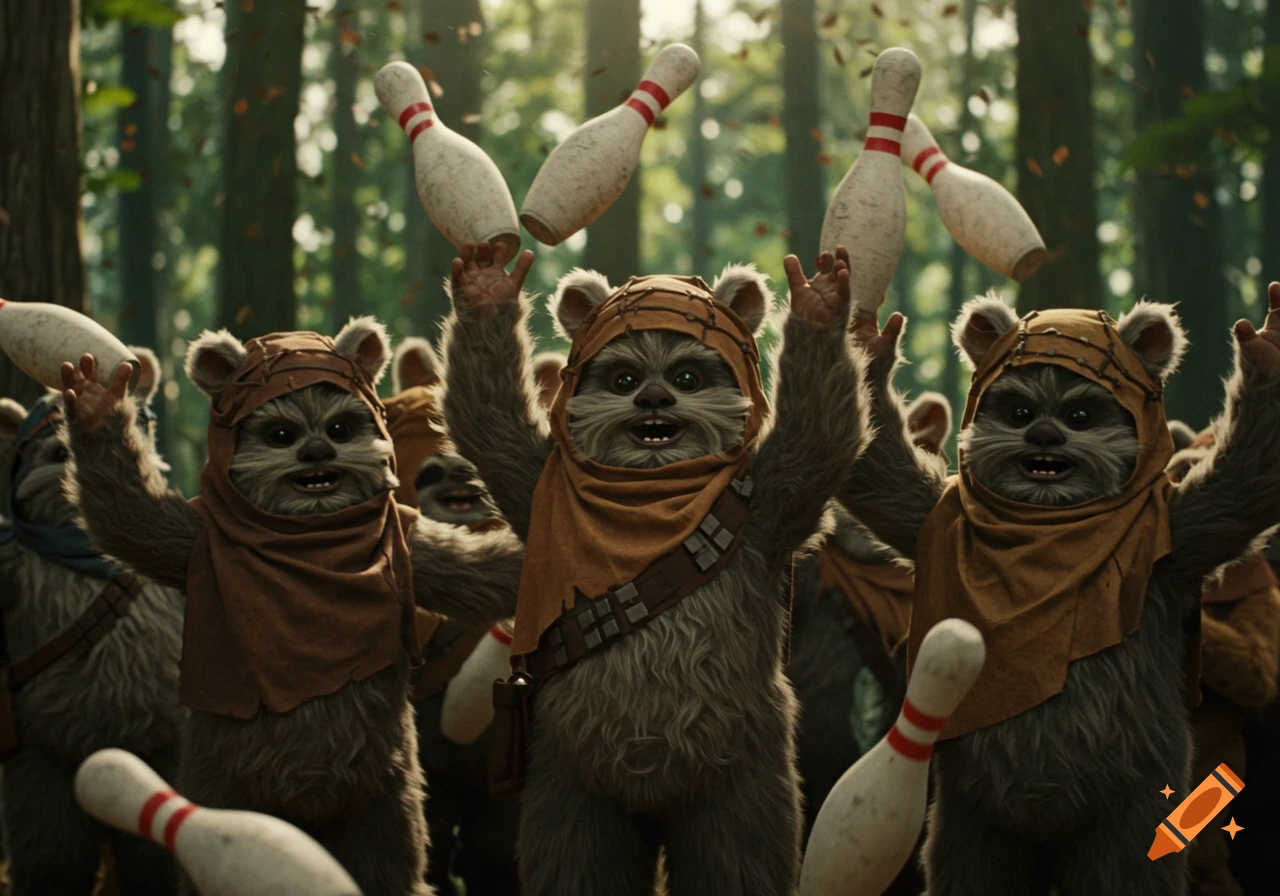 Three Ewoks hold bowling pins like clubs in a sunlit forest with more Ewoks in the background.
