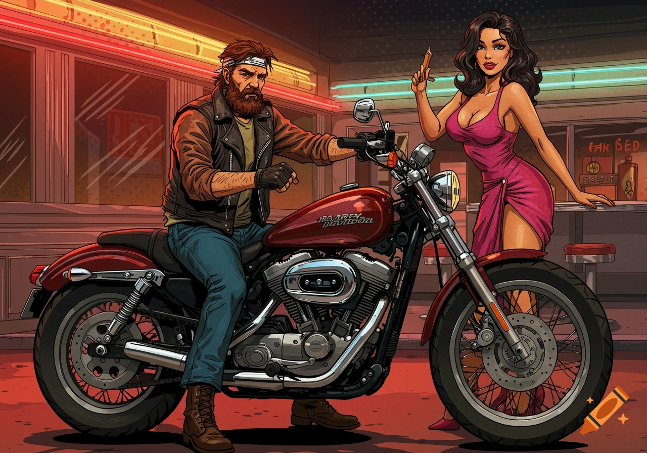 Illustration of a bearded biker on a red Harley Davidson motorcycle with a woman in a pink dress next to him at a diner.
