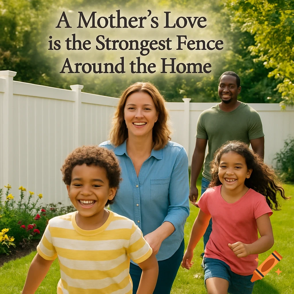Family walks in a sunny backyard with a white fence. Text overlay: "A Mother's Love is the Strongest Fence Around the Home."