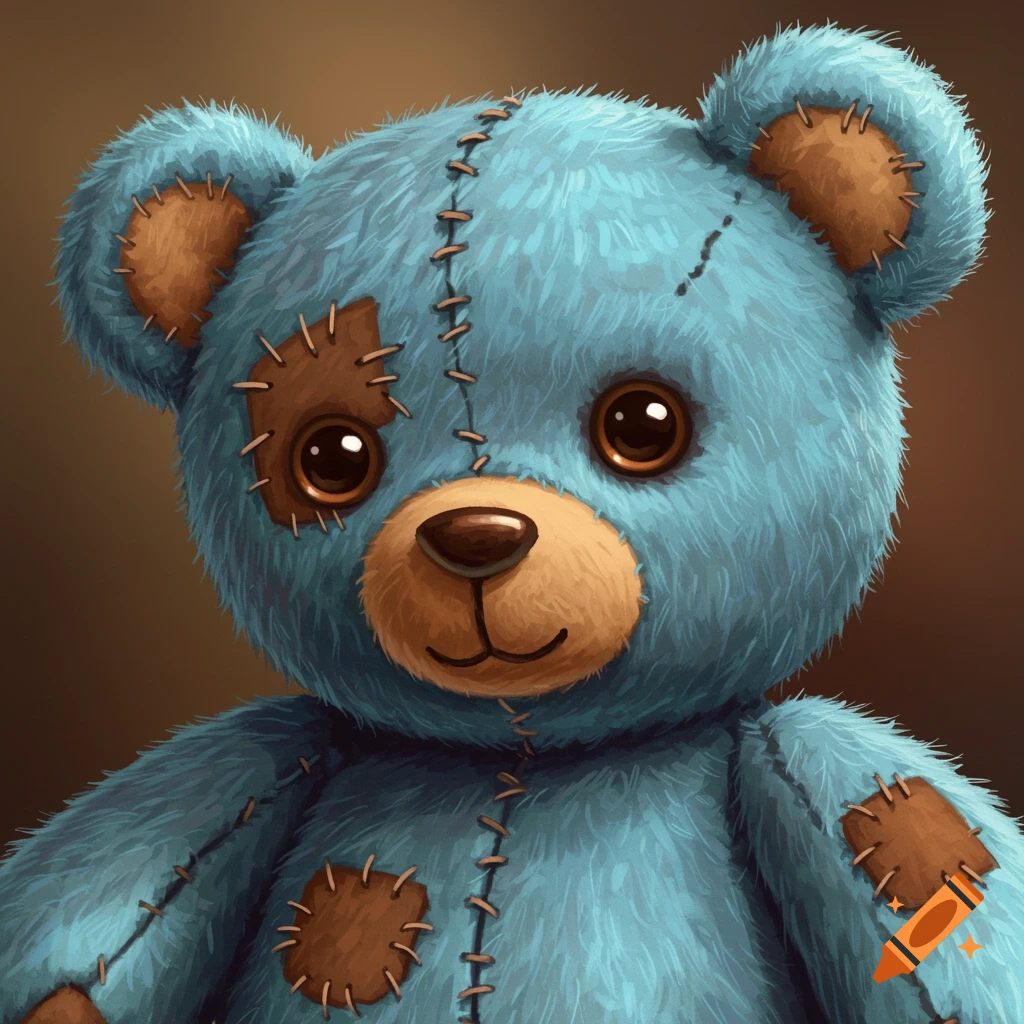 A close-up portrait of a blue teddy bear with brown patches and visible stitching.