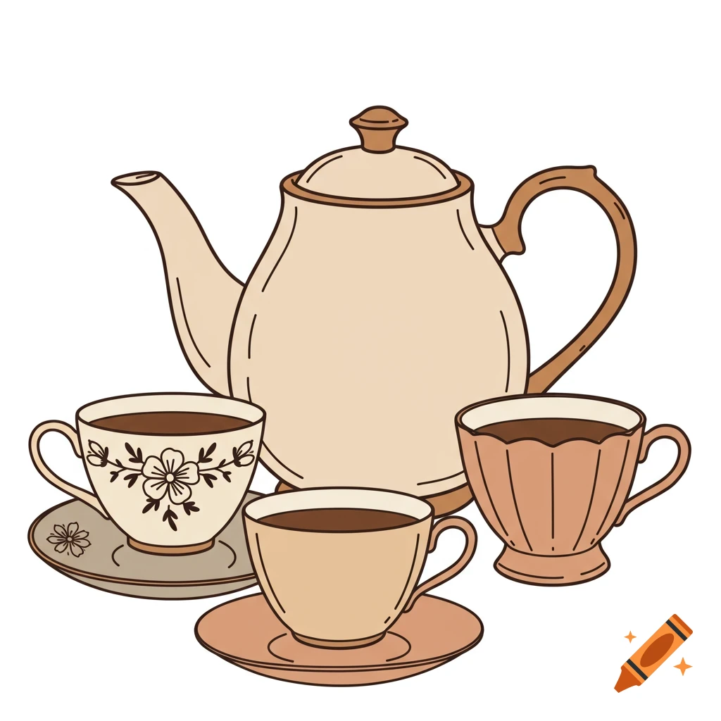 A vector illustration of a teapot and three teacups with saucers.