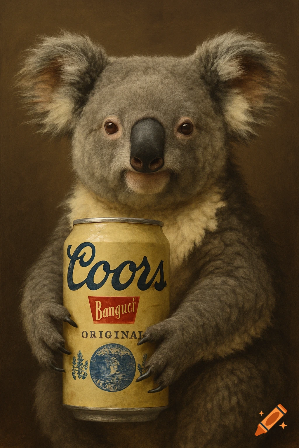 A realistic painting of a koala holding a beer can