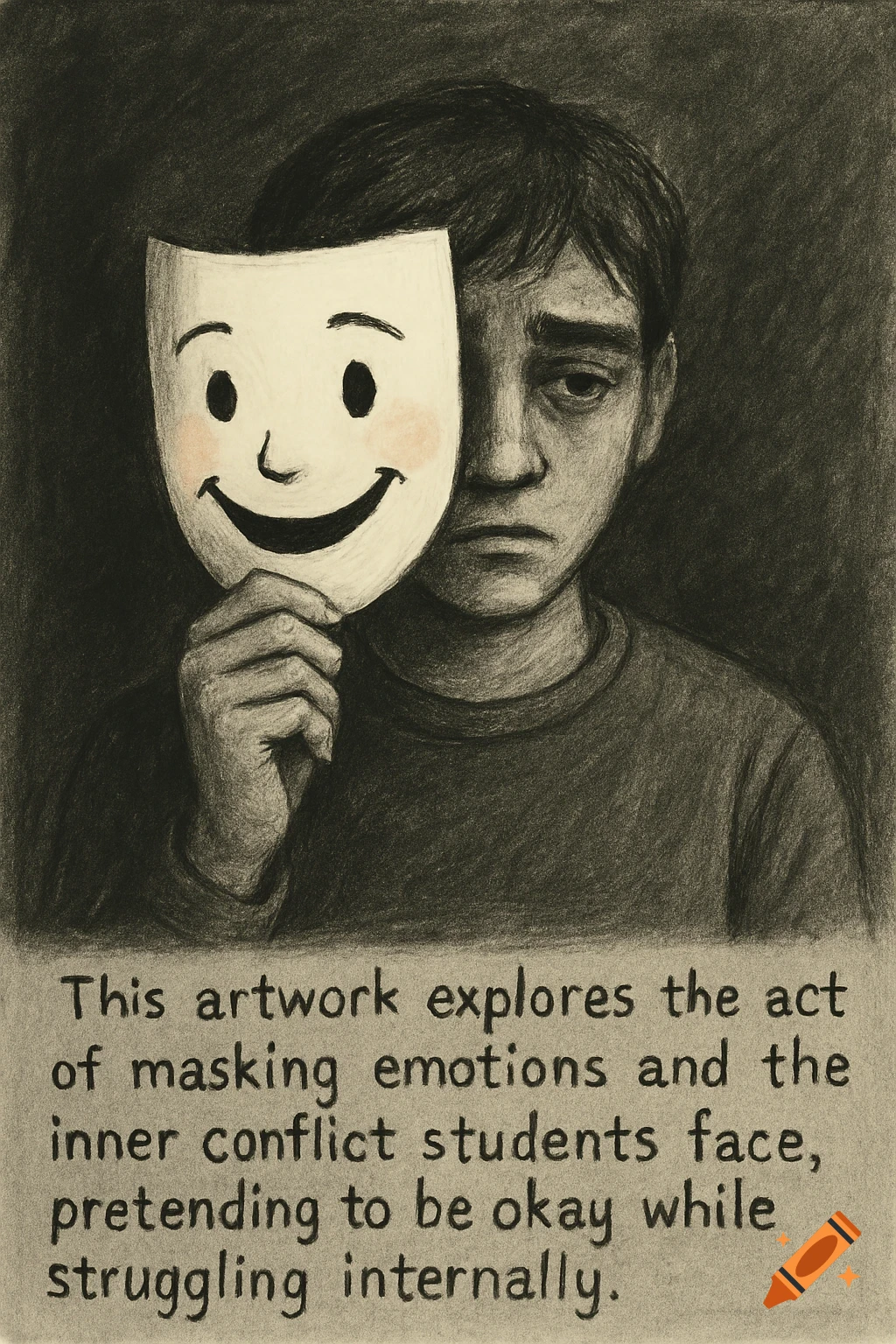 Charcoal drawing of a sad boy holding a smiling mask, with text explaining the concept.