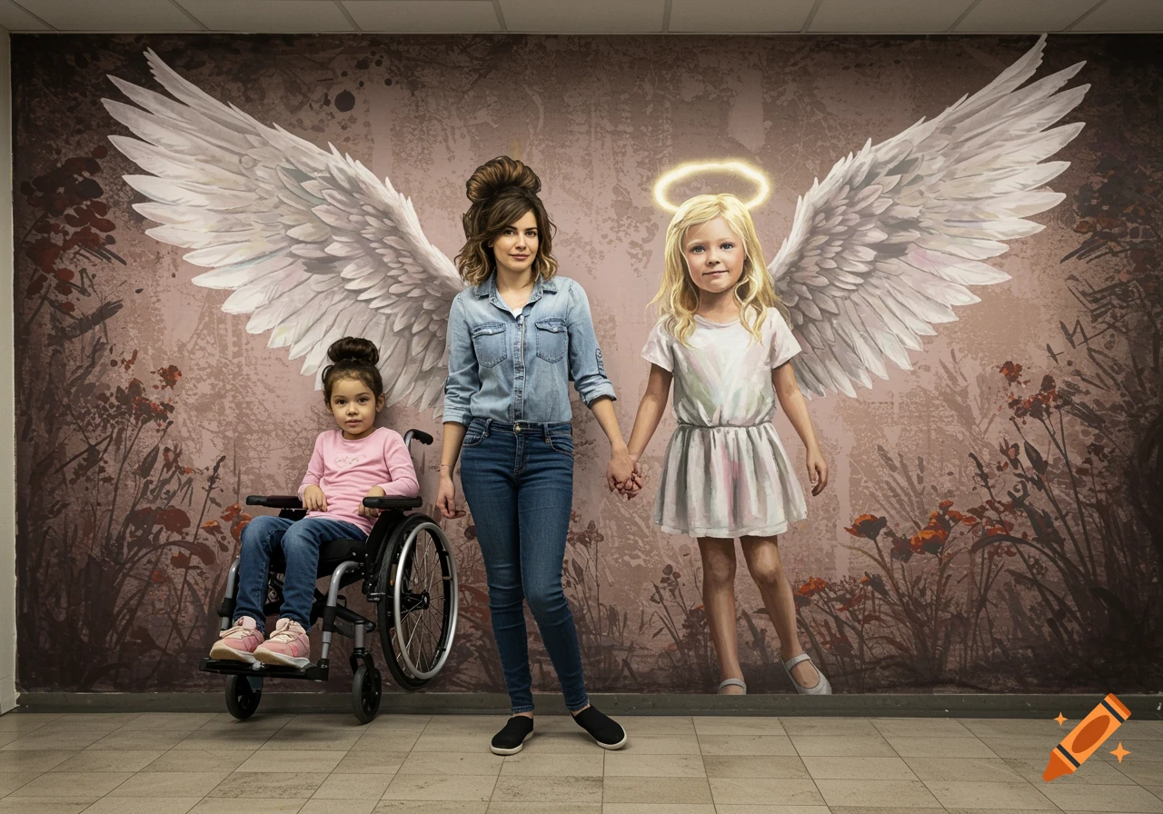 A woman stands with two girls, one in a wheelchair and one with angel wings, in front of a painted mural.