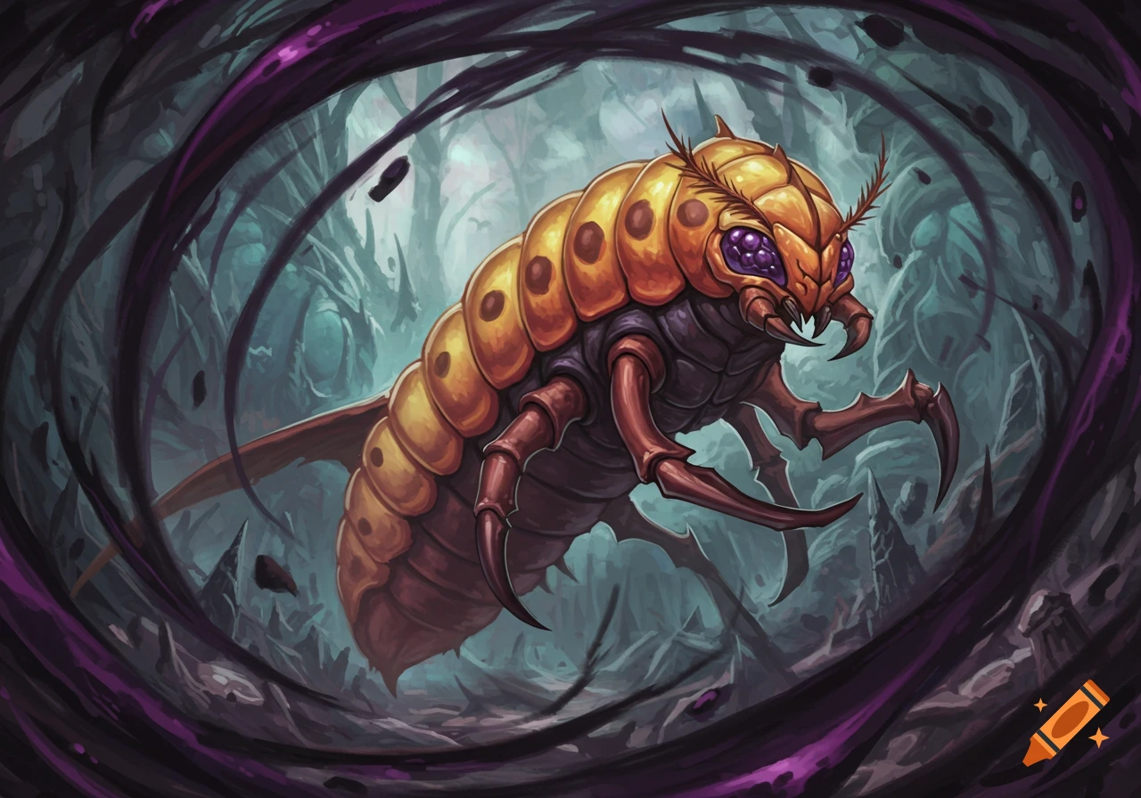 A large orange and purple insect creature in a dark forest setting, digital art