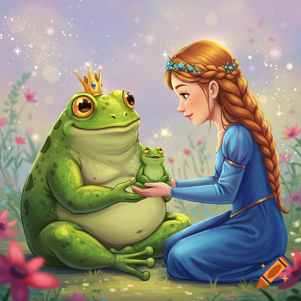 A princess kneels in a meadow, holding a small frog while a large crowned frog sits beside her.