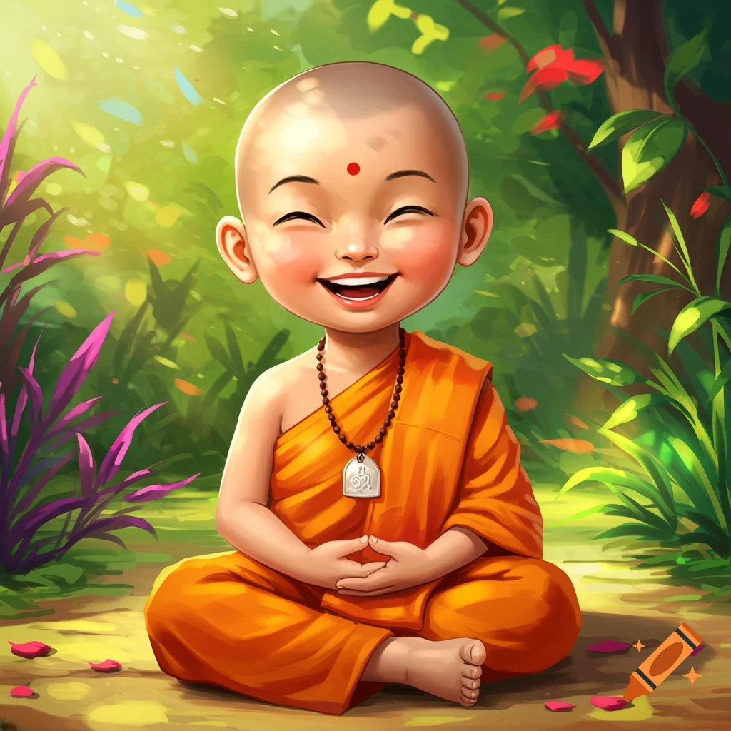 Cartoon child monk smiling and sitting cross-legged in a lush garden.