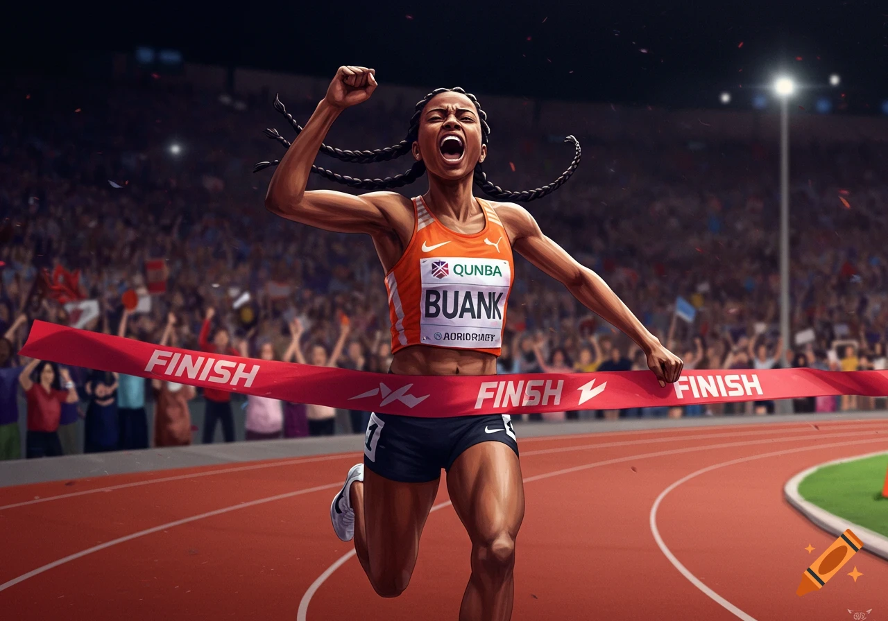 Female runner bursts through finish line tape in an athletics stadium, cheering triumphantly.