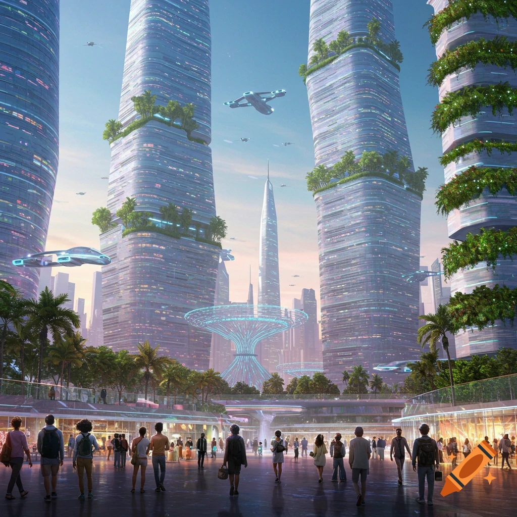 A view of a futuristic city with towering, green-clad skyscrapers, flying vehicles, and people walking in a plaza.