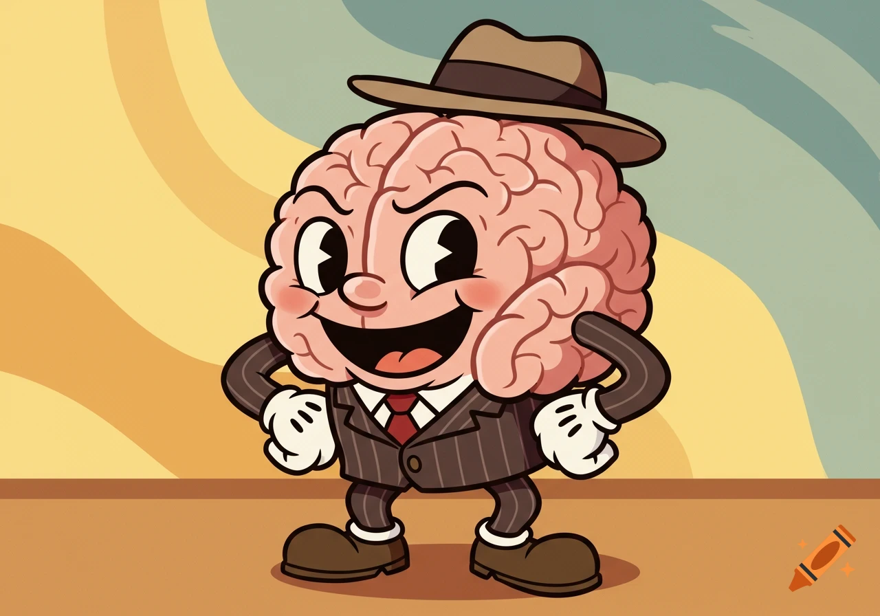 A cartoon brain character in a suit and hat, in 1930s vintage style.